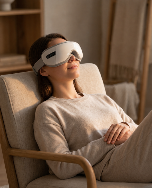 Olynne Halo porté, masseur oculaire chauffant sur les yeux au calme