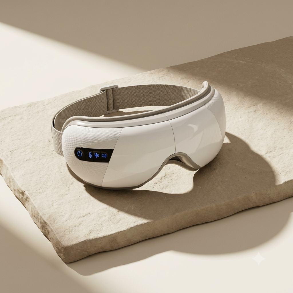Olynne Halo, masseur oculaire chauffant posé sur une surface claire