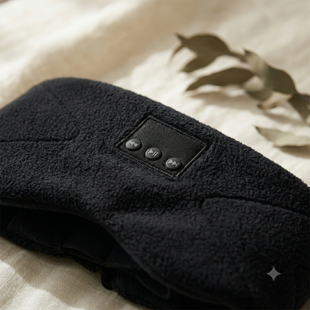 Olynne Silence, gros plan sur le tissu du masque de sommeil Bluetooth