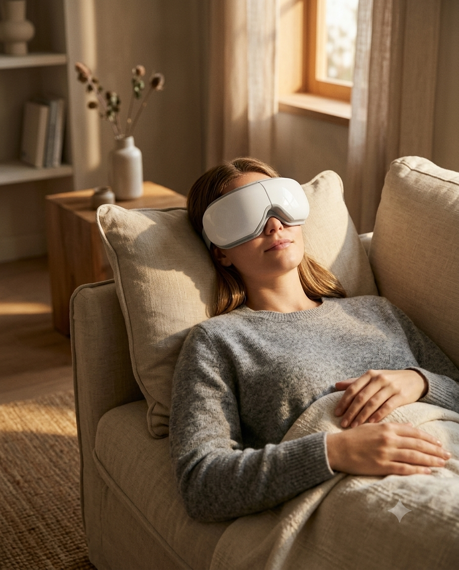 Olynne Halo porté, masseur oculaire chauffant sur les yeux