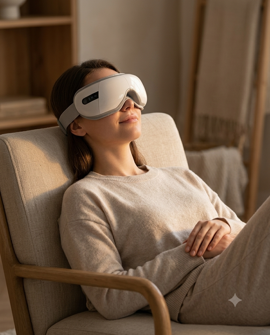 Olynne Halo porté, masseur oculaire chauffant sur les yeux au calme
