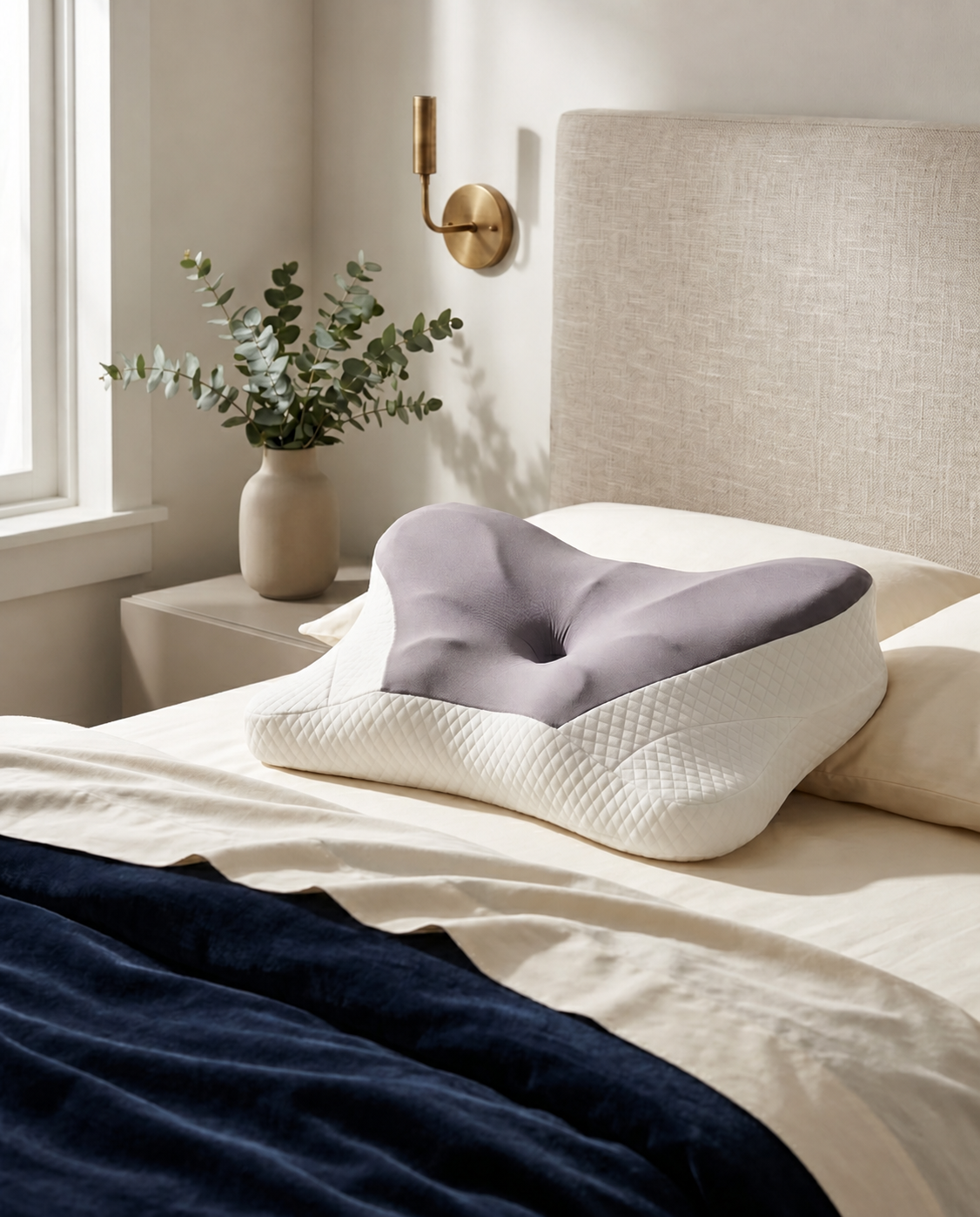 Olynne Cloud gris et blanc, vue de trois-quarts sur un lit