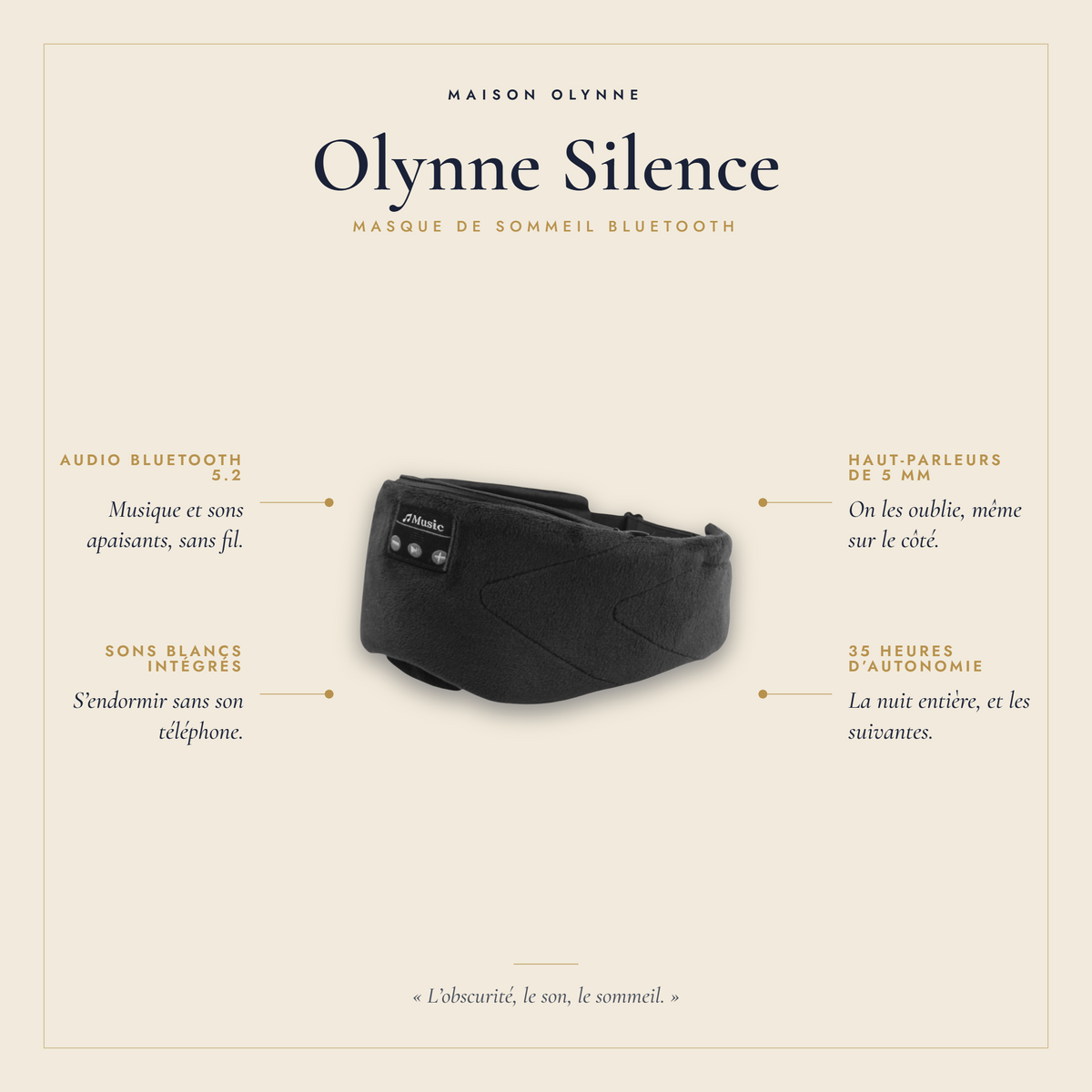 Olynne Silence, masque de sommeil Bluetooth et bruit blanc Maison Olynne